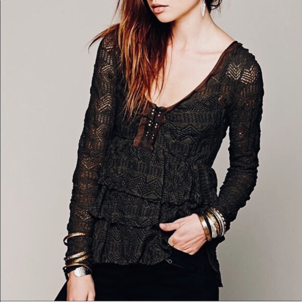 Free People Black Lace Ruffled Layered Top